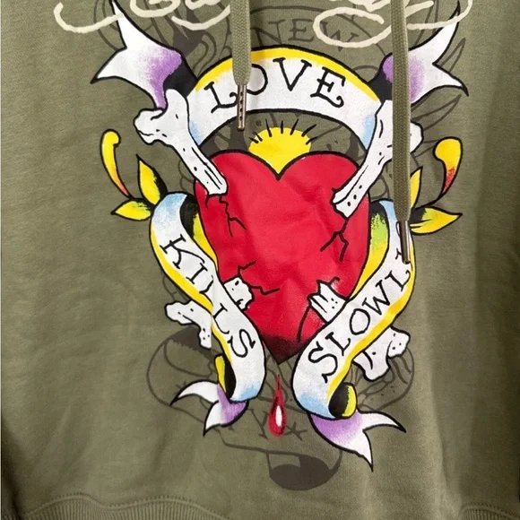 🌹2X HOST PICK🌹 ED HARDY “LOVE KILLS SLOWLY” GREEN PULL OVER HOODIE/NWT/SZ L - Picture 11 of 15